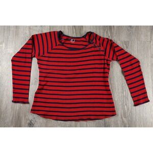 Jcp Stripped Red Blue Waffle Knit Top XL Thermal Long Sleeve Button Cotton Blend